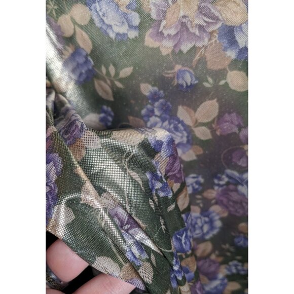 Shara Vintage Metallic Floral Slick Feel Button Up Blouse With Shoulder Pads - Picture 4 of 12